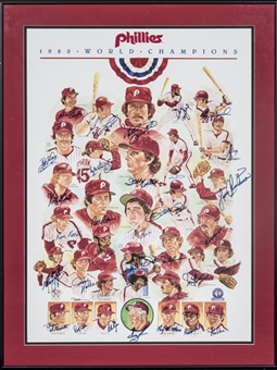 1980 World Series Champions Philadelphia Phillies Team Signed Litho with 33 Signatures Including Carlton & Schmidt In 25x32 Framed Display (Beckett)